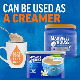 MAXWELL HOUSE French Vanilla instant coffee jar with spoon for easy preparation.