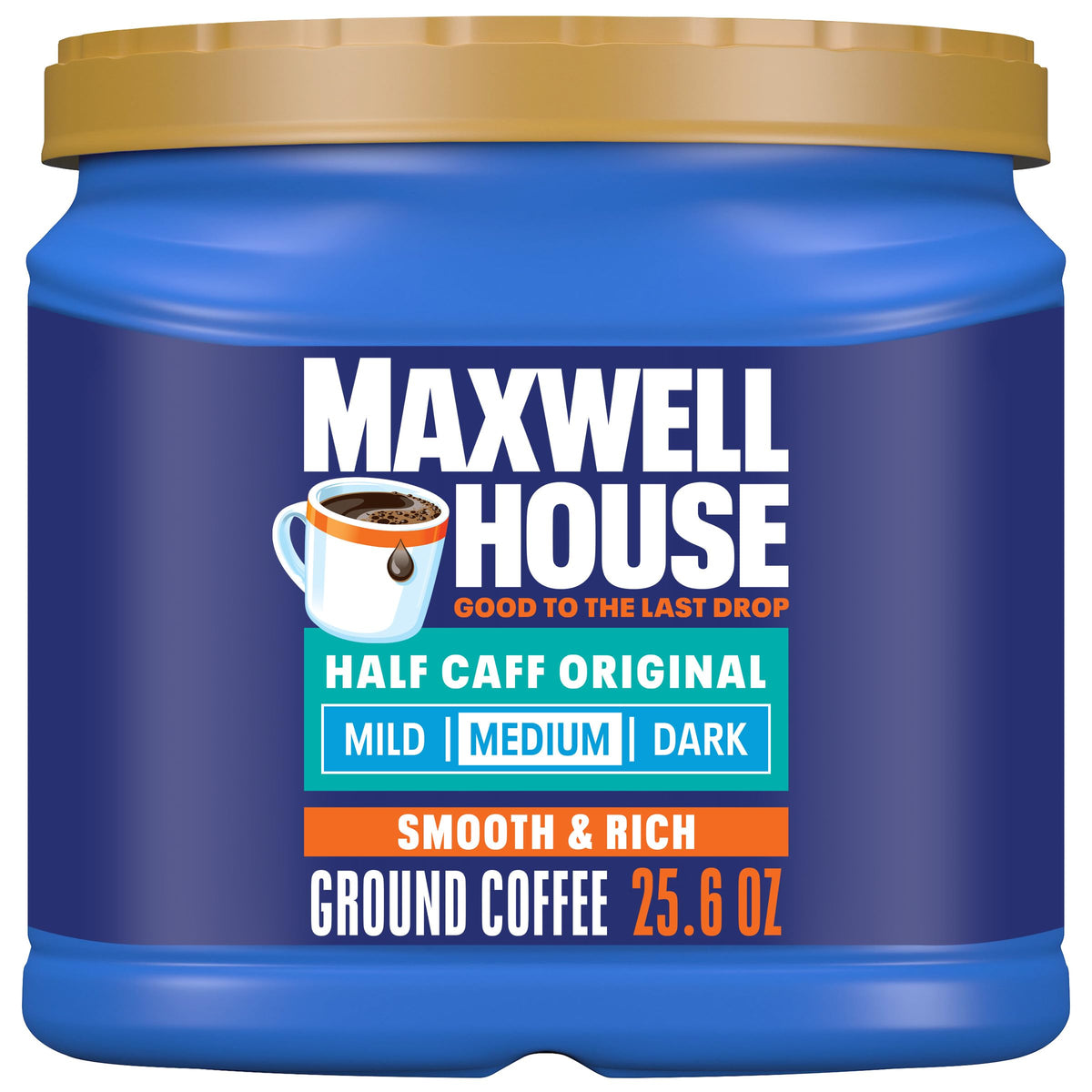 Maxwell House Half Caff Original canister on the counter signals a balanced caffeine break.