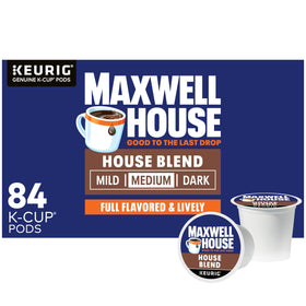 Maxwell House House Blend 84ct box for quick coffee breaks.