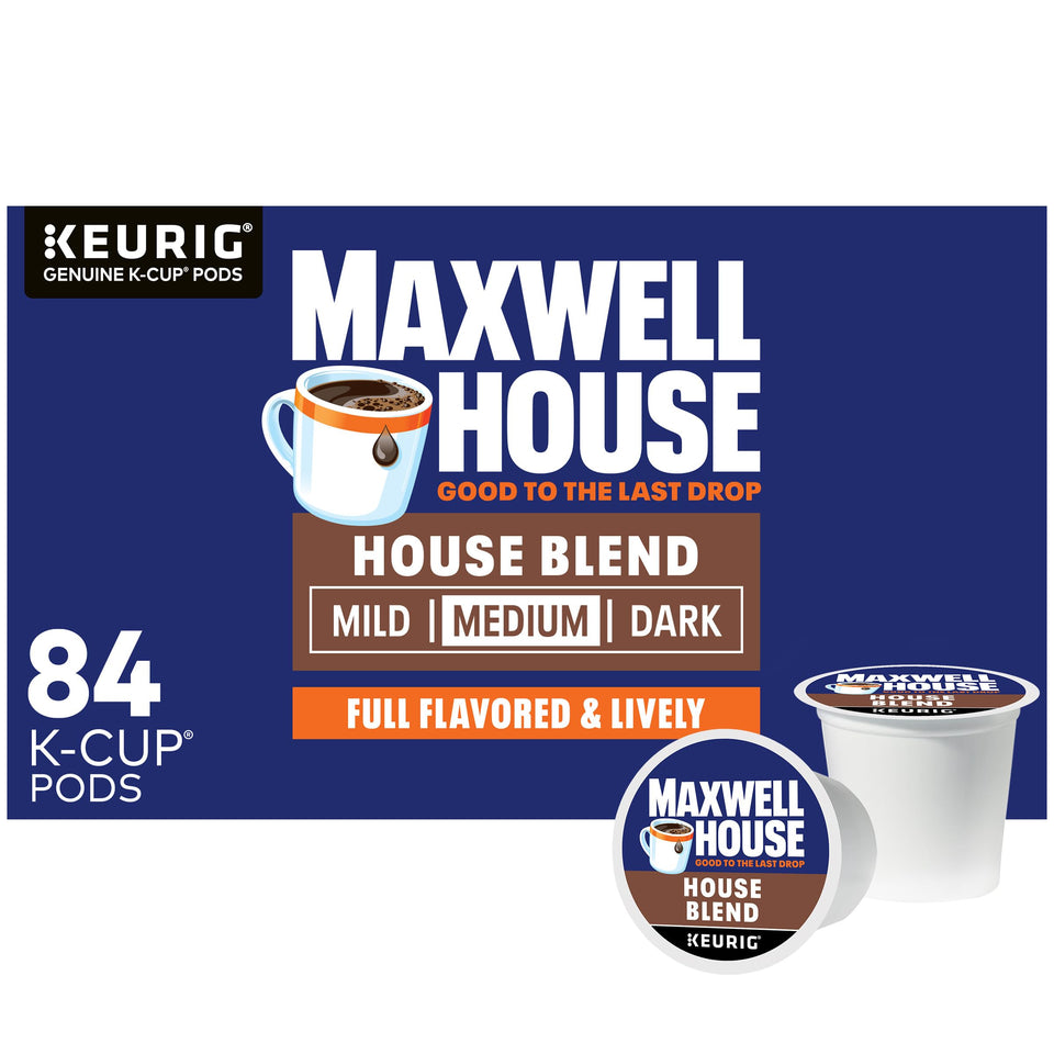 Maxwell House House Blend 84ct box for quick coffee breaks.