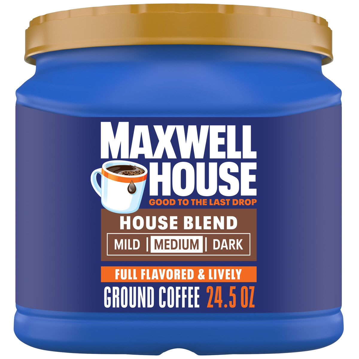 MAXWELL HOUSE House Blend canister 24.5 oz, ideal for daily brewing.