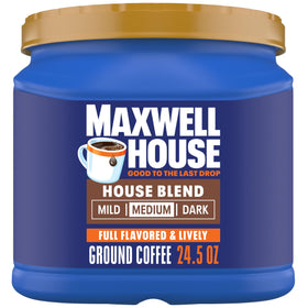MAXWELL HOUSE House Blend canister 24.5 oz, ideal for daily brewing.