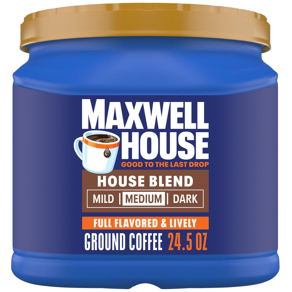 MAXWELL HOUSE House Blend canister 24.5 oz, ideal for daily brewing.