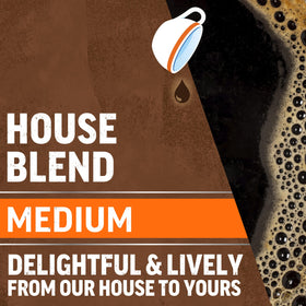 MAXWELL HOUSE House Blend Medium Roast coffee with steam rising from a mug