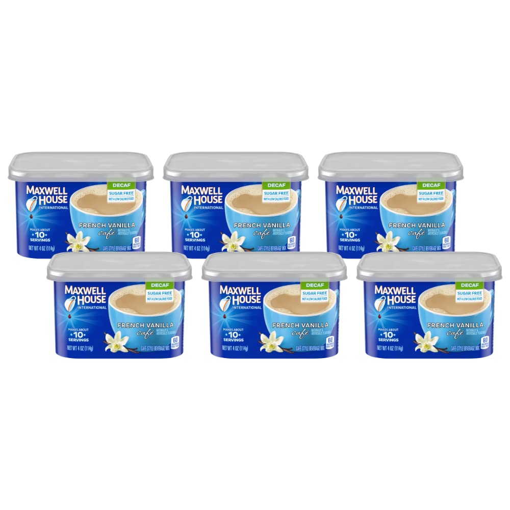 Maxwell House International Decaf Sugar Free Vanilla cans on display in a six-pack.