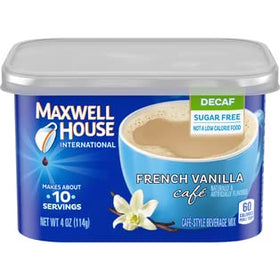 MAXWELL HOUSE International Decaf French Vanilla canister front view for quick decaf mornings.