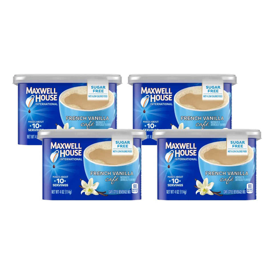 Maxwell House International French Vanilla Sugar Free canister closeup keeps flavor fresh between uses
