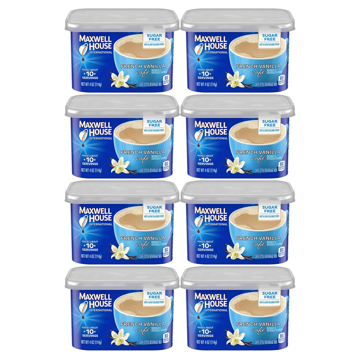 Maxwell House International sugar-free French Vanilla can, front view, inviting aroma for a quick treat.