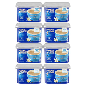 Maxwell House International sugar-free French Vanilla can, front view, inviting aroma for a quick treat.