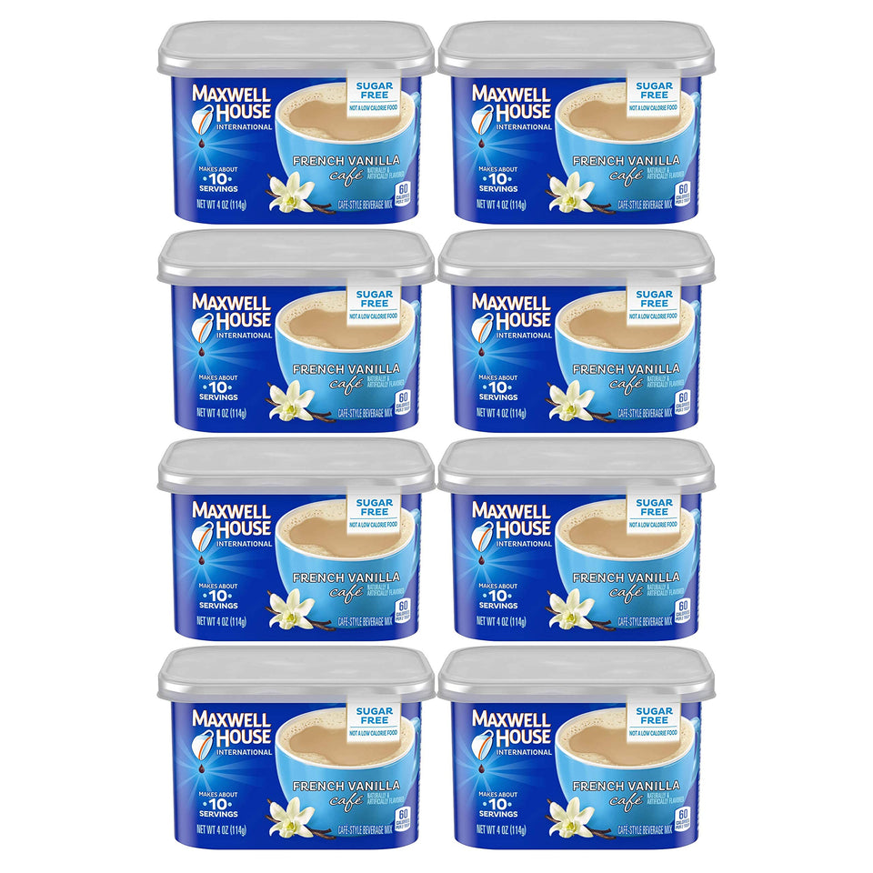 Maxwell House International sugar-free French Vanilla can, front view, inviting aroma for a quick treat.