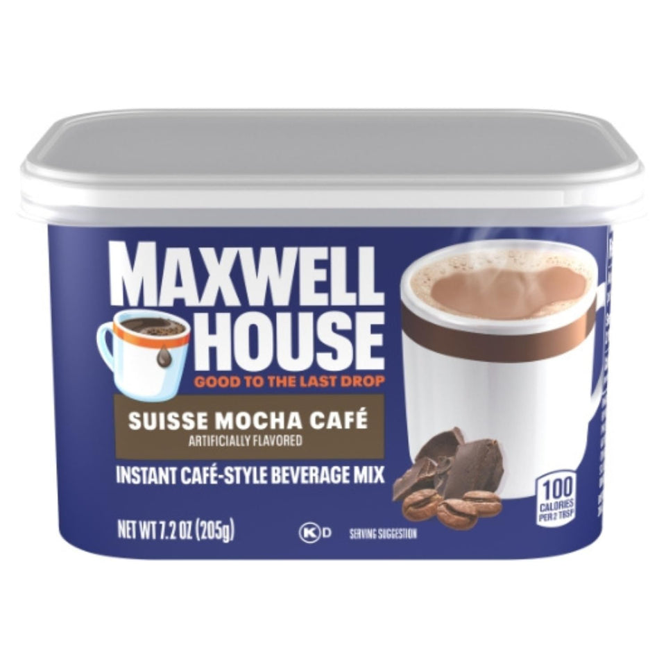 MAXWELL HOUSE Suisse Mocha front canister shows rich flavor ready to enjoy