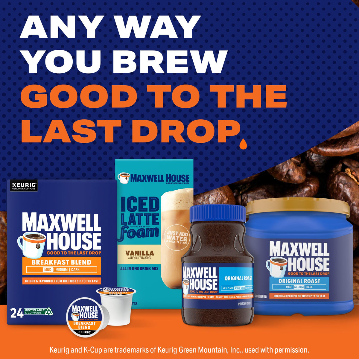 MAXWELL HOUSE Kosher-certified pods and box displayed in a clean kitchen.