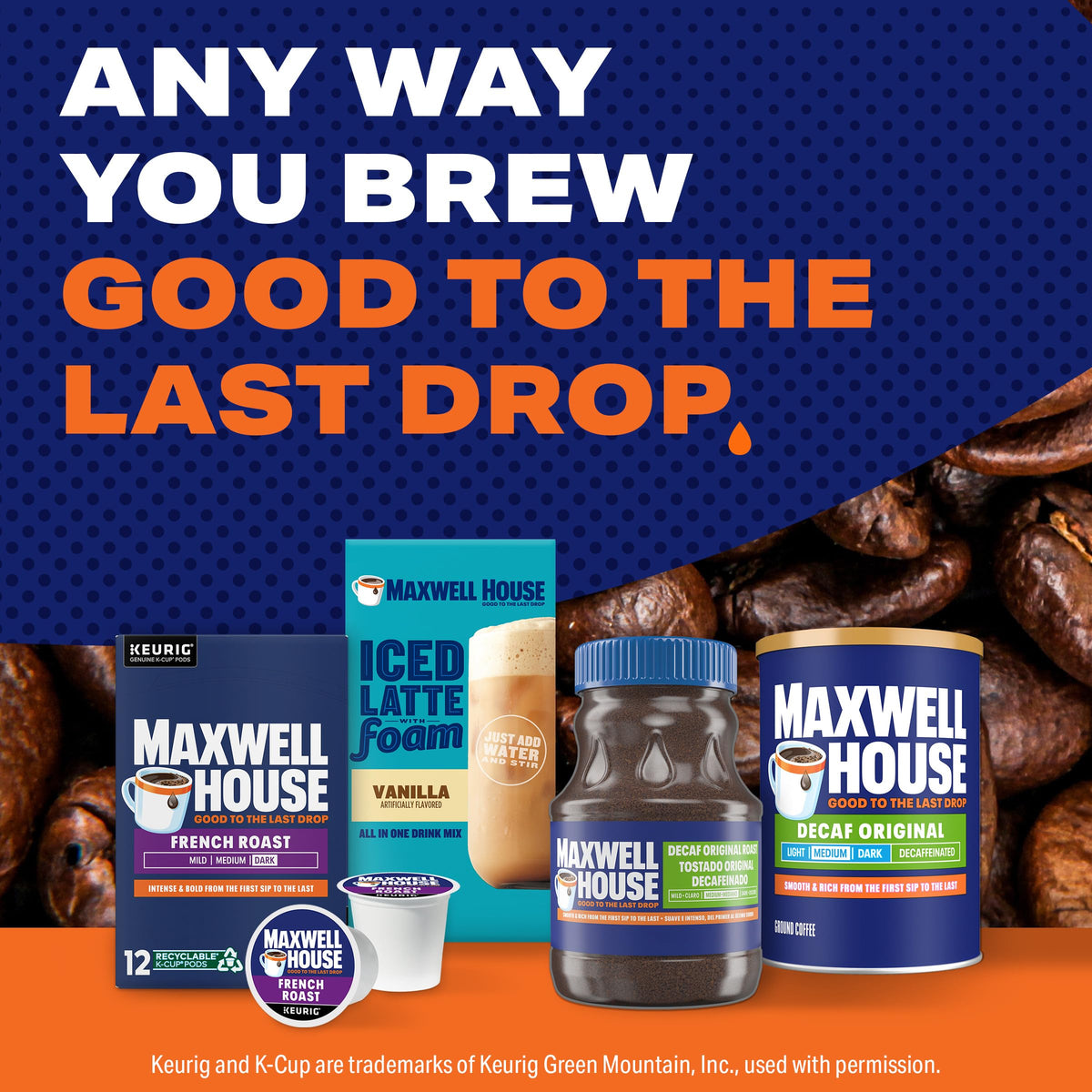 Kosher-certified Maxwell House packaging for convenient everyday use.