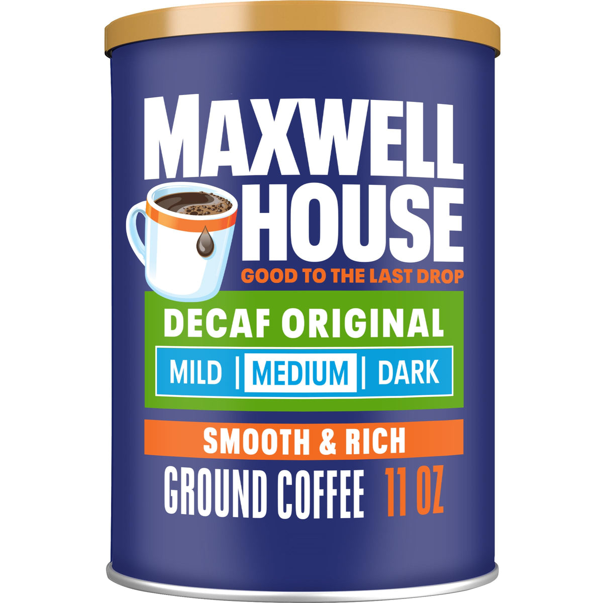 Maxwell House Original Blend Decaf ground coffee canister preserving aroma for daily use.