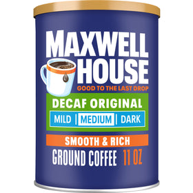 Maxwell House Original Blend Decaf ground coffee canister preserving aroma for daily use.