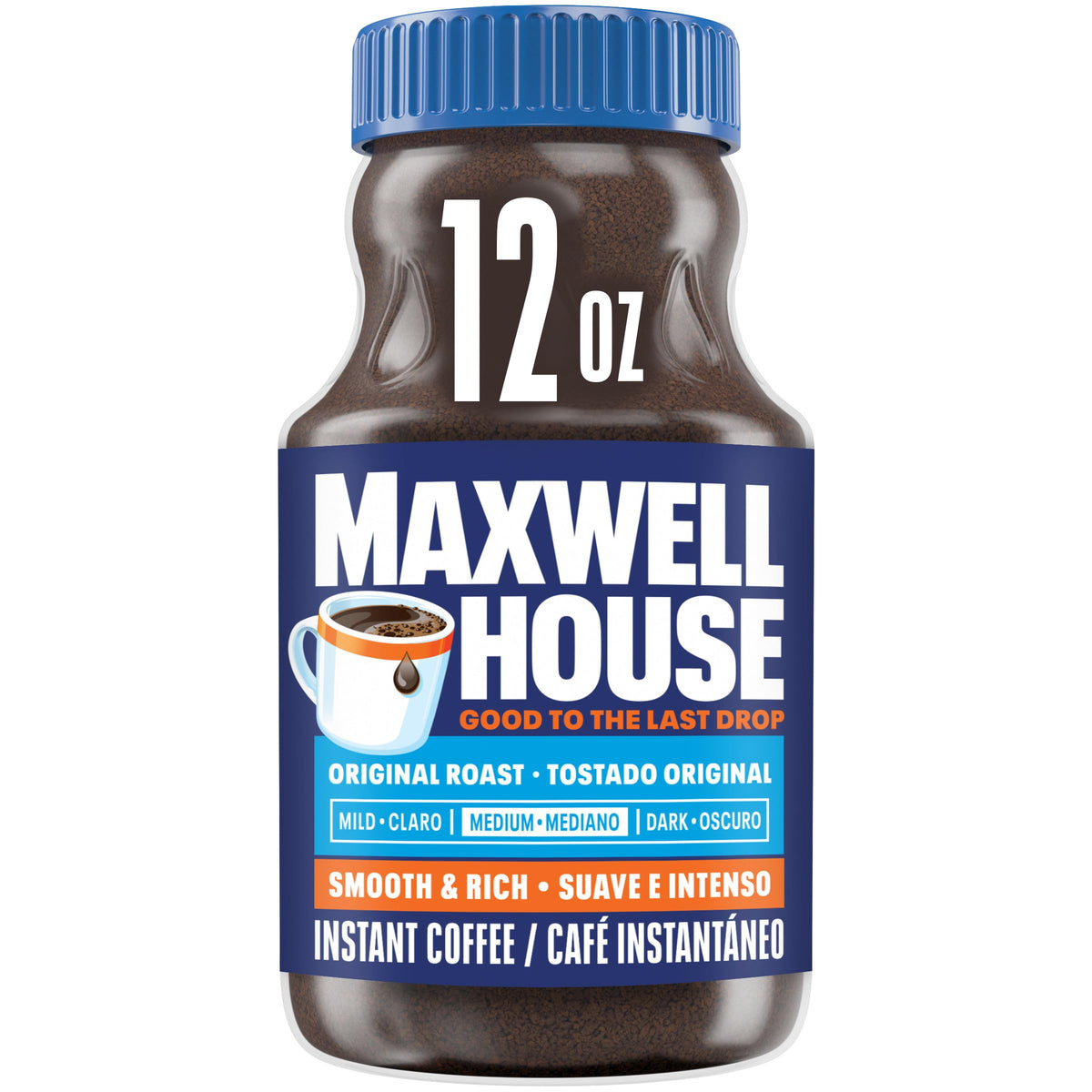 Maxwell House Original Medium Roast instant coffee jar ready for quick mornings.