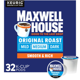 Maxwell House Original Roast box front showing convenient K-Cup packaging for mornings