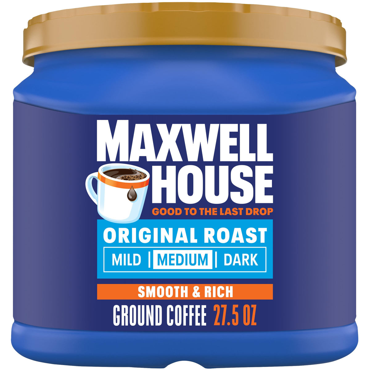 Maxwell House Original Roast coffee canister with 27.5 oz capacity for daily brews.
