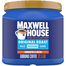 Maxwell House Original Roast coffee canister with 27.5 oz capacity for daily brews.