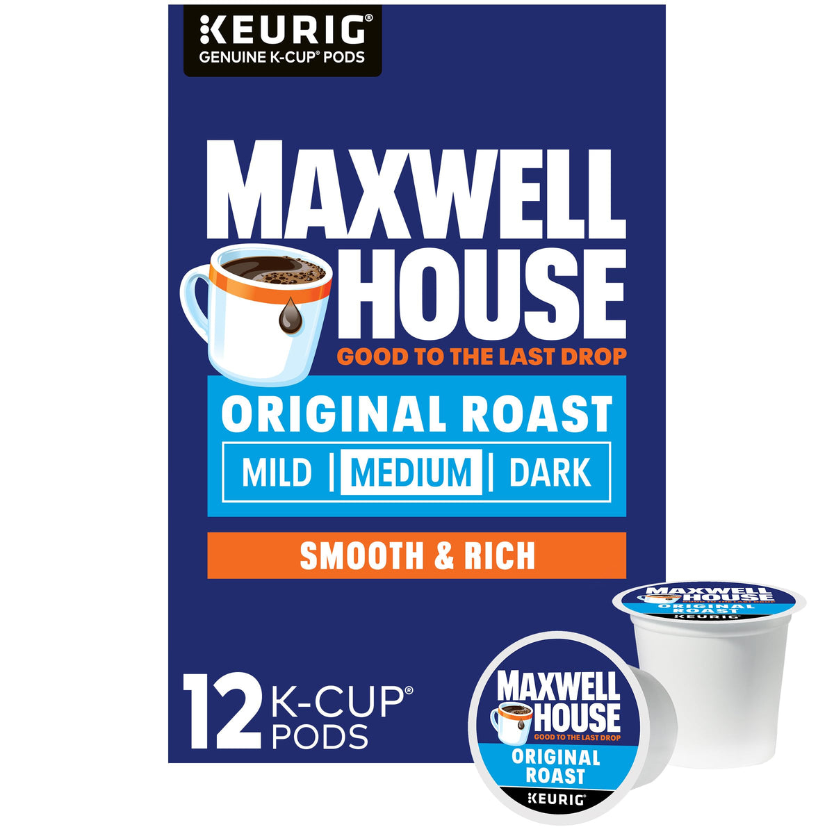 Maxwell House Original Roast K-Cup box for quick, consistent single-serve coffee.