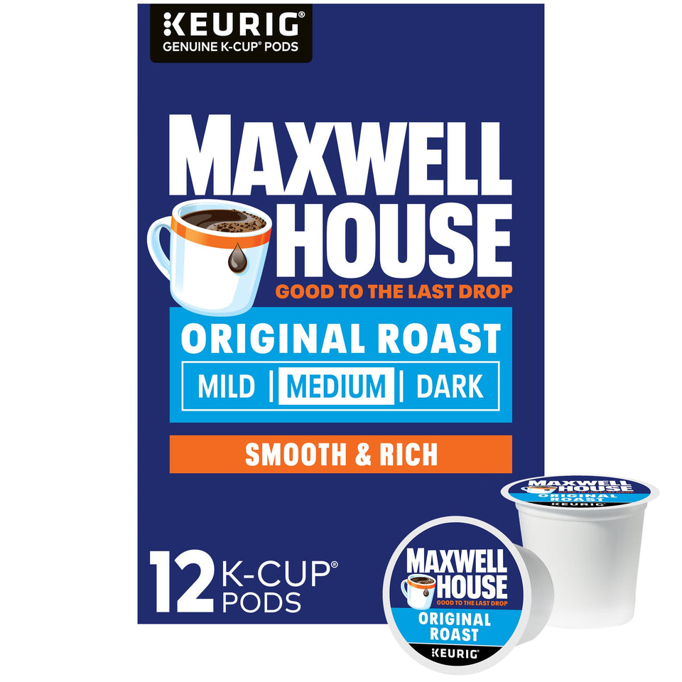 Maxwell House Original Roast K-Cup box for quick, consistent single-serve coffee.