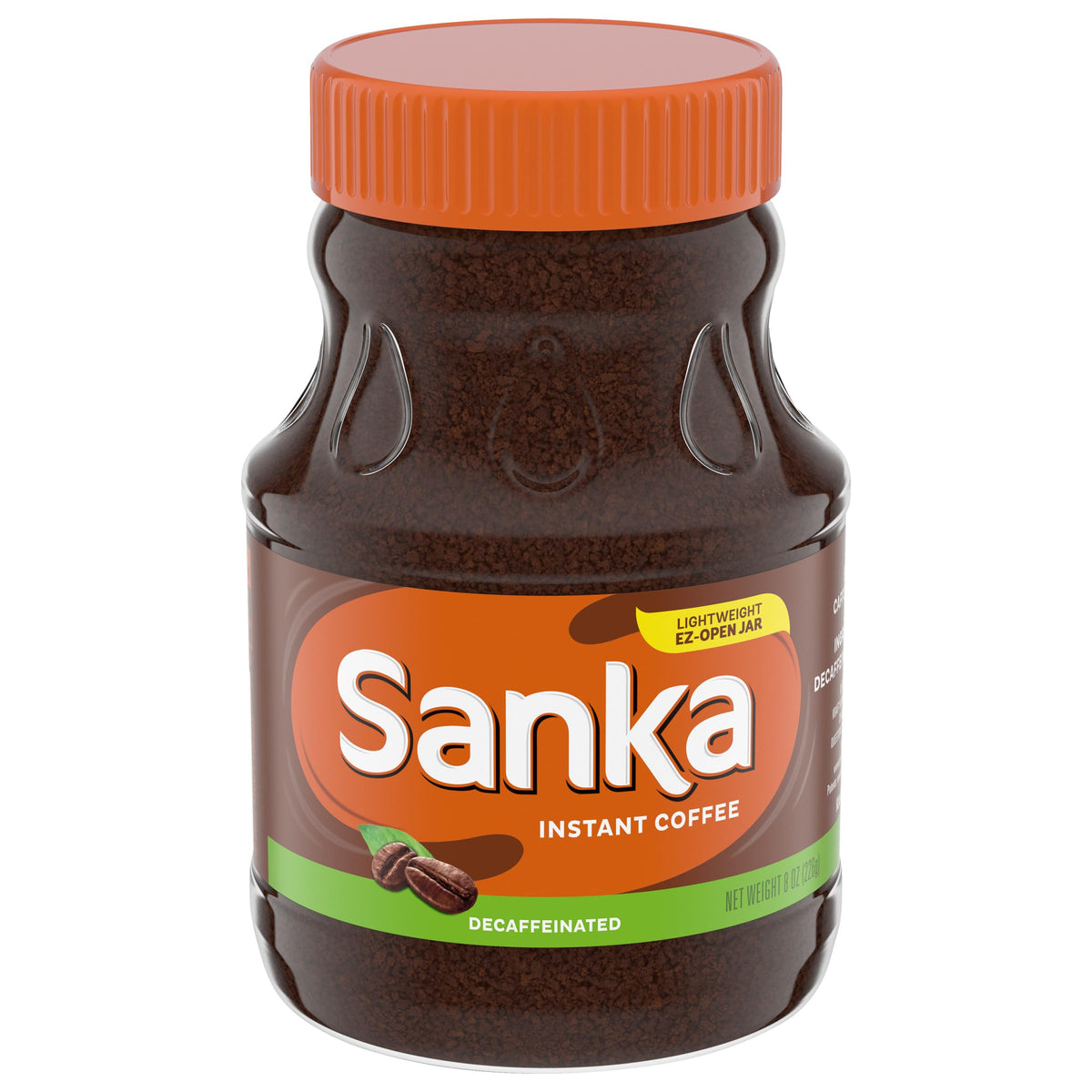Maxwell House Sanka Decaf jar front view showing brand packaging and flavor promise.