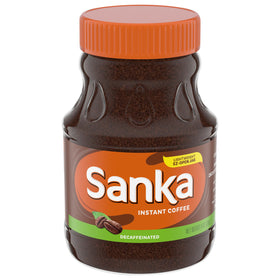 Maxwell House Sanka Decaf jar front view showing brand packaging and flavor promise.