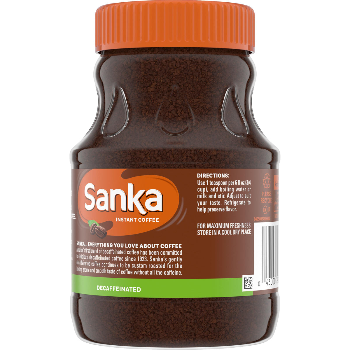 Maxwell House Sanka Decaf label close-up highlighting kosher certification and aroma.
