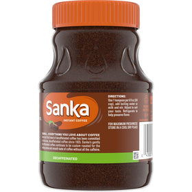 Maxwell House Sanka Decaf label close-up highlighting kosher certification and aroma.