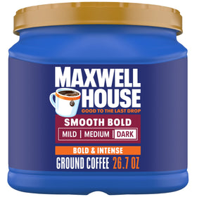 MAXWELL HOUSE Smooth Bold Dark Roast canister highlights long-lasting freshness.