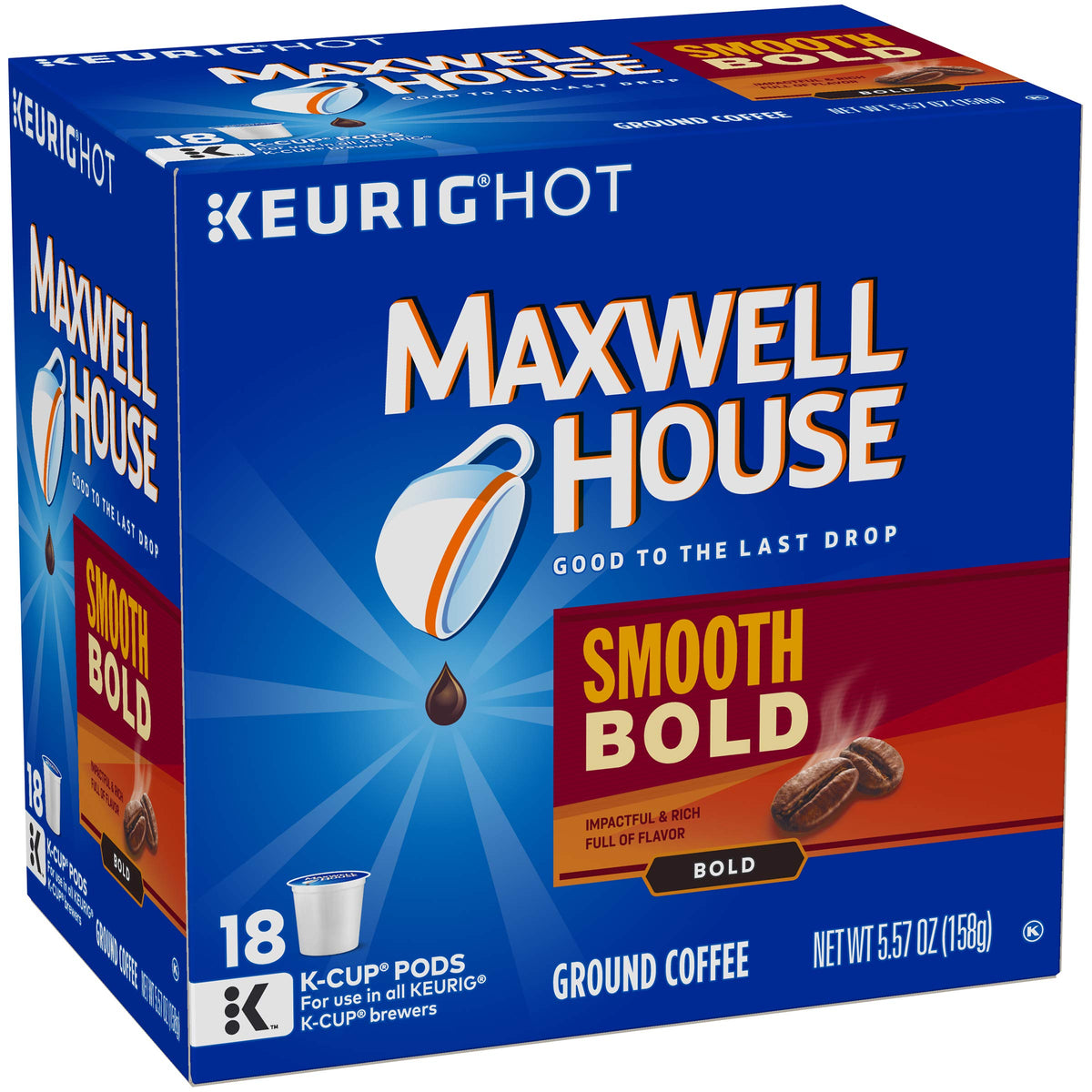 MAXWELL HOUSE Smooth Bold pods in a K-Cup machine for quick coffee.