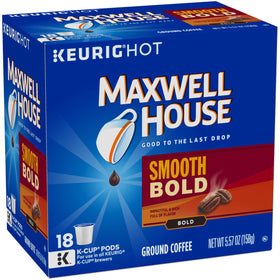 MAXWELL HOUSE Smooth Bold pods in a K-Cup machine for quick coffee.