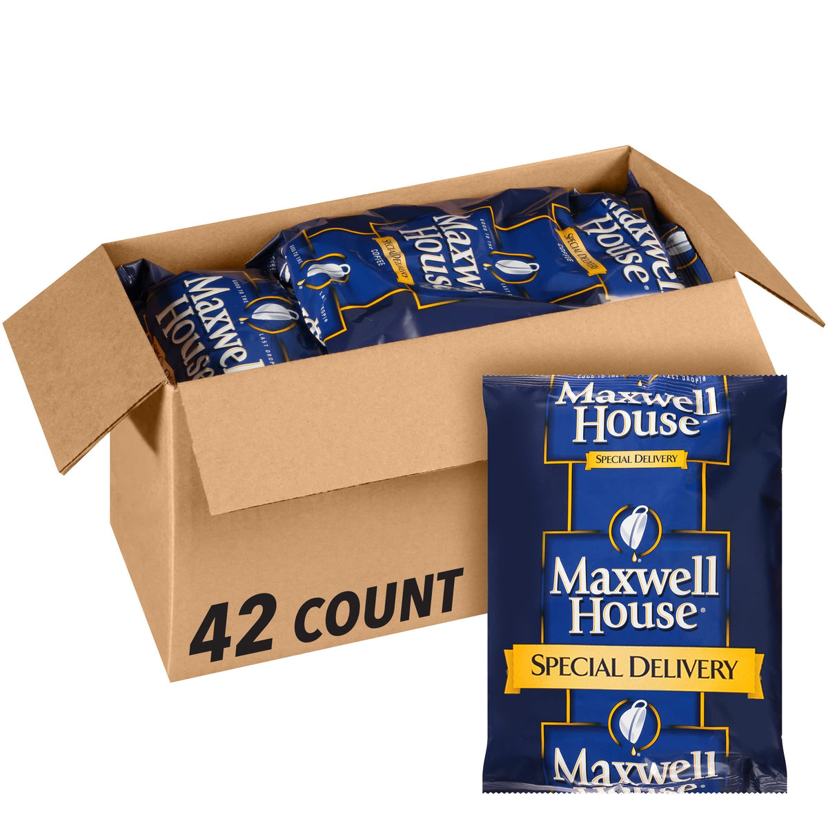 MAXWELL HOUSE Special Delivery ground coffee packets for quick, consistent brewing.