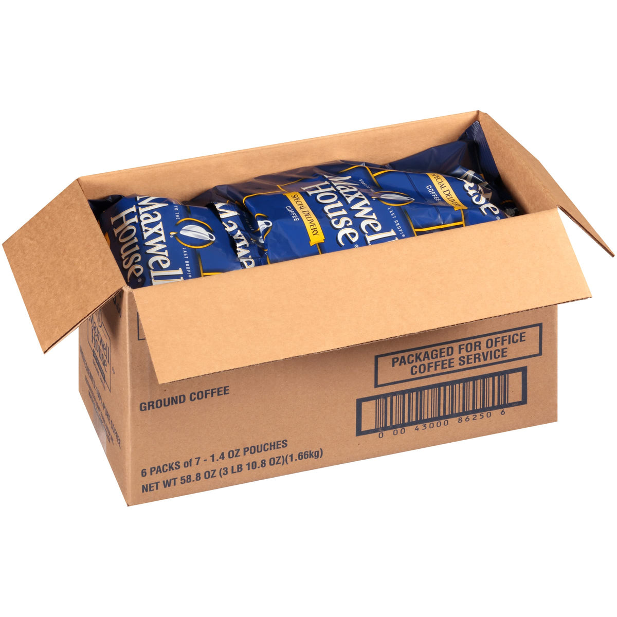Maxwell House Special Delivery one-point-three-ounce pouch highlights convenient measured servings.