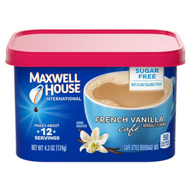 MAXWELL HOUSE Sugar-Free French Vanilla canister on counter for a light cafe-style treat.