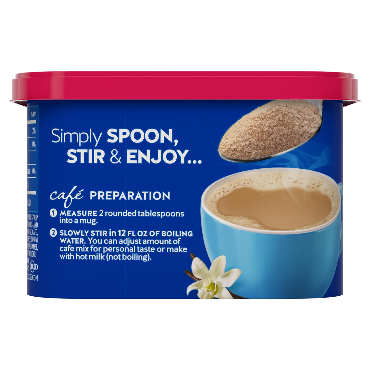 Cup-stir: MAXWELL HOUSE sugar-free French Vanilla cup being stirred for quick enjoyment.
