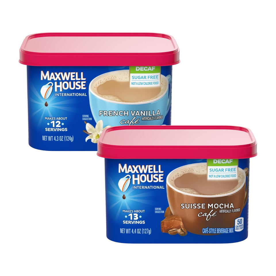 Maxwell House sugar-free French Vanilla decaf instant coffee in a cup for a quick, smooth treat.