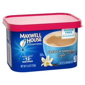 Close-up of MAXWELL HOUSE label highlighting vanilla, sugar-free profile.