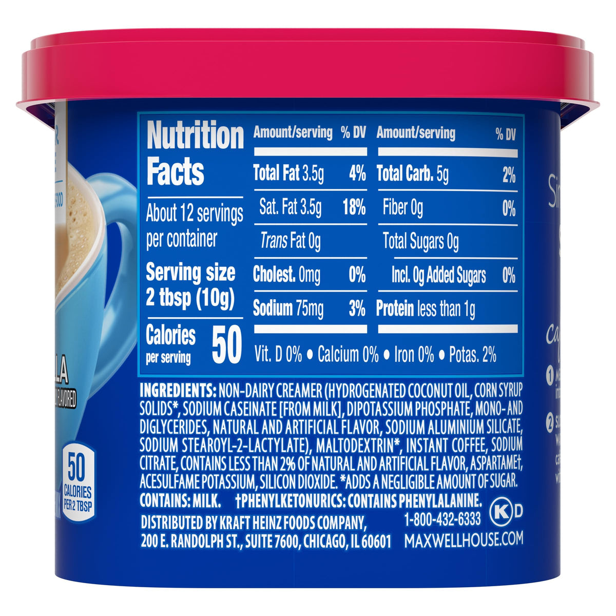 Milk being poured into MAXWELL HOUSE sugar-free French Vanilla mug.