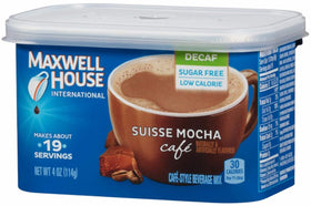 MAXWELL HOUSE Suisse Mocha decaf tub for quick cafe-style beverages at home.