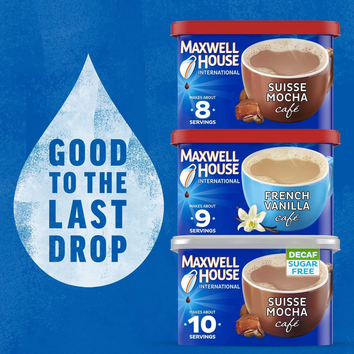 Maxwell House Suisse Mocha canister label notes eight servings