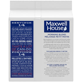 Packaging closeup of MAXWELL HOUSE Tassimo Morning Blend for quick purchase decisions.