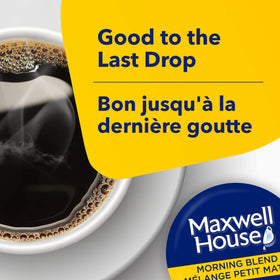 Tabletop display of MAXWELL HOUSE Tassimo Morning Blend demonstrates pantry-ready coffee.
