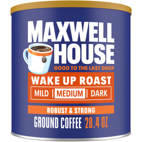 Maxwell House Wake Up Roast canister front view, ready for breakfast mornings.