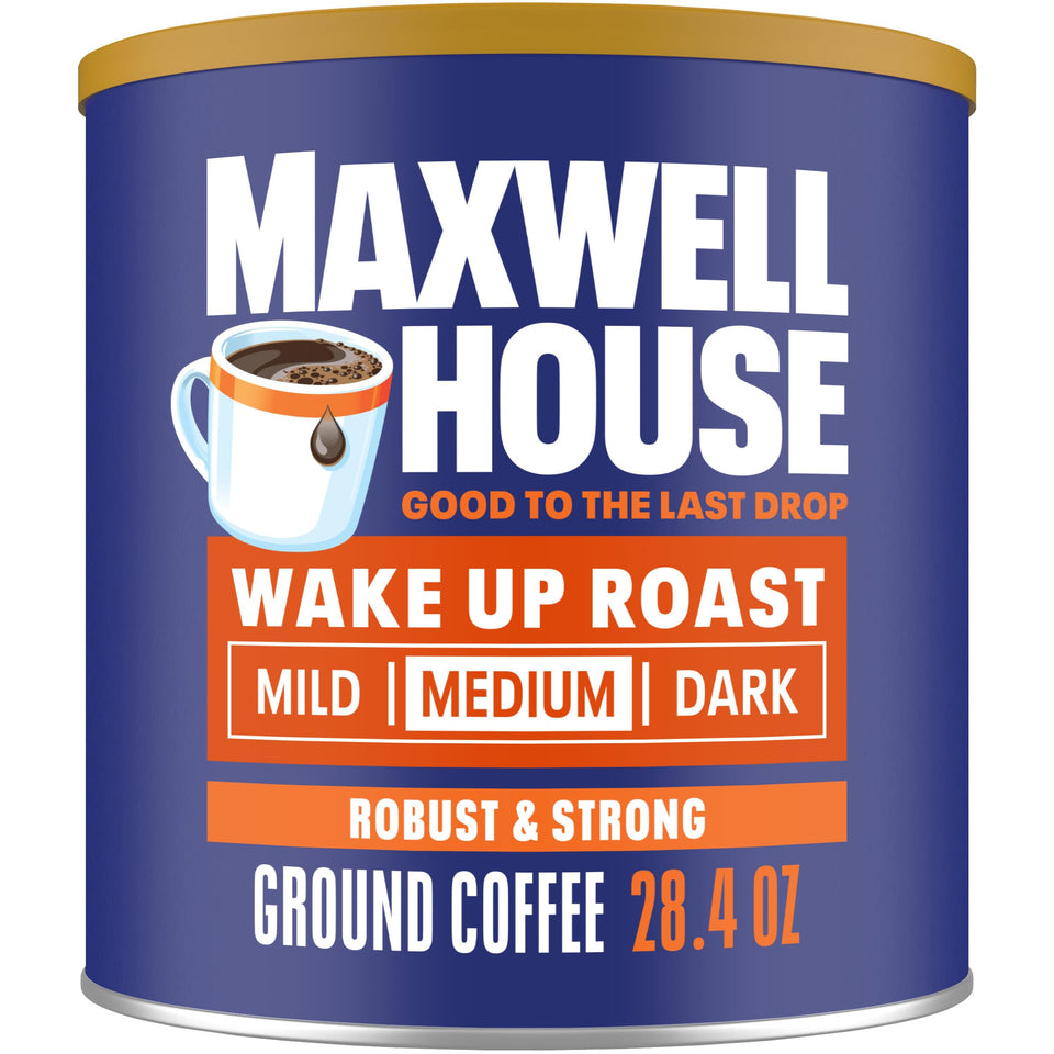 Maxwell House Wake Up Roast canister front view, ready for breakfast mornings.