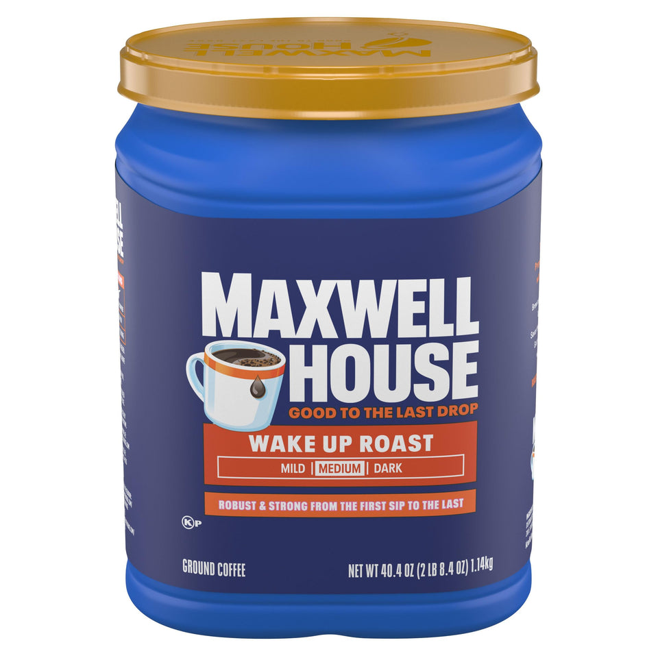 Maxwell House Wake Up Roast canister on display for a reliable morning boost