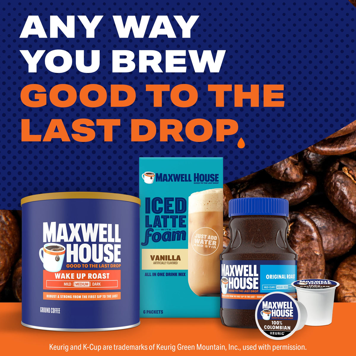 Drip coffee maker brewing Maxwell House Wake Up Roast aroma.