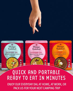 Maya Kaimal Everyday Dal BPA-free pouch visible on packaging.