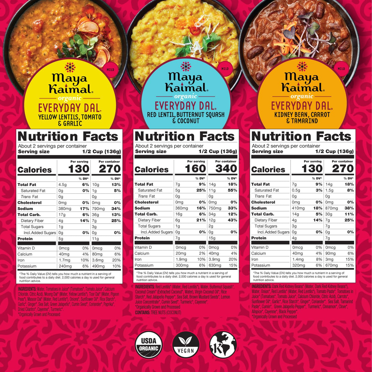 Maya Kaimal Everyday Dal variety flavors in a 12-pack display.