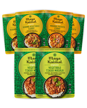 Maya Kaimal organic vegetable curry variety pack shown in a serving bowl for quick dinners
